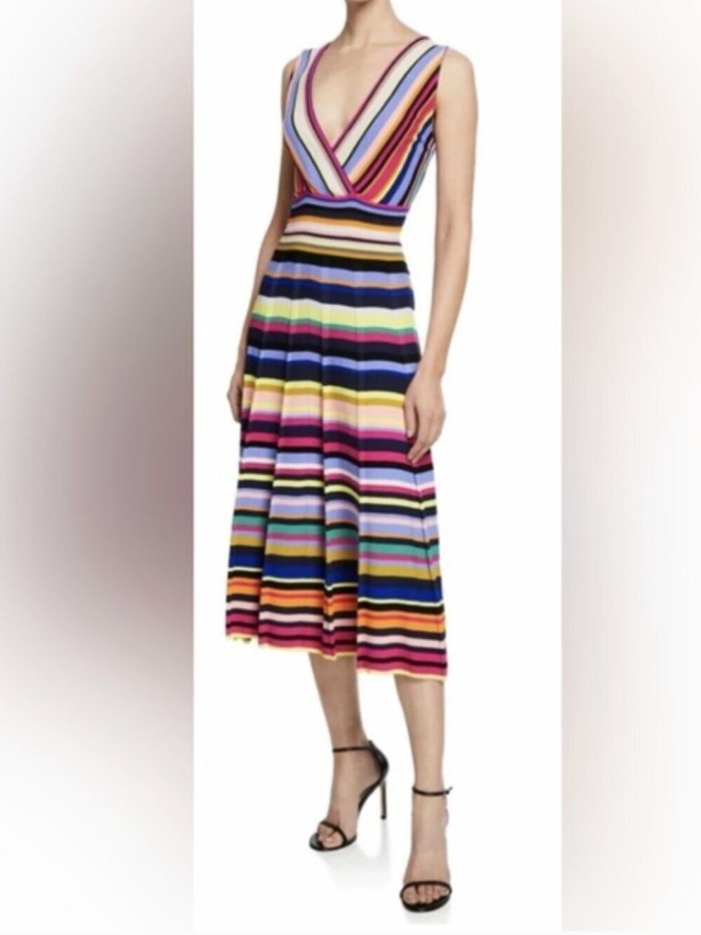Milly Striped Surplice Sleeveless Midi Dress Multicolor Size L Designer